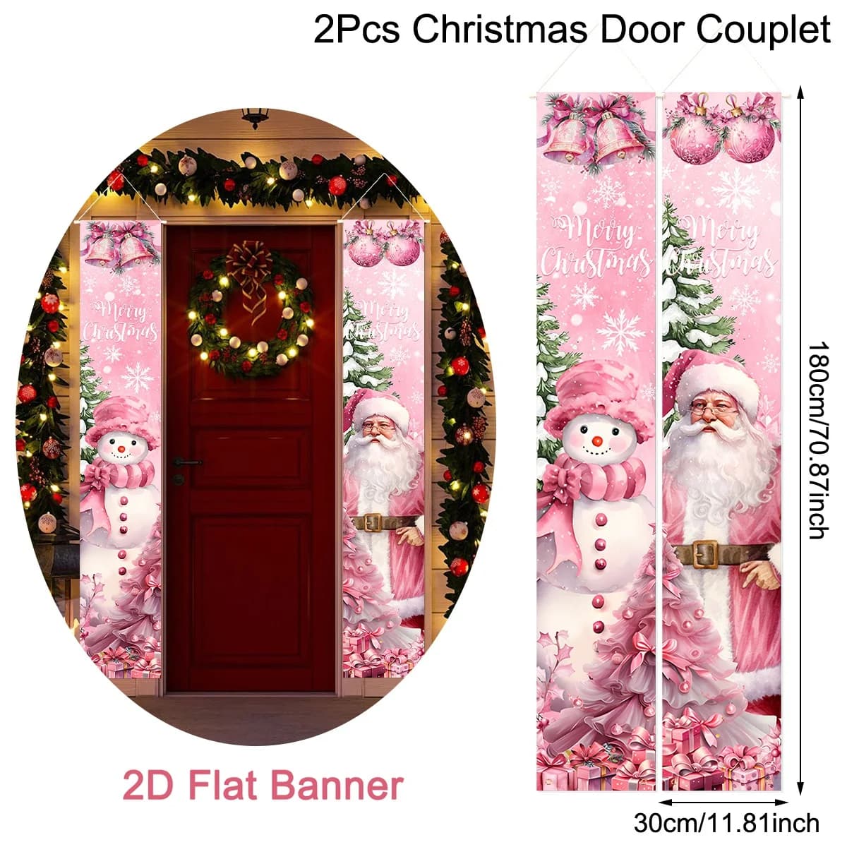 Rideau de porte de noël, Couplets roses, bonhomme de neige, père noël, décorations de noël, bannière