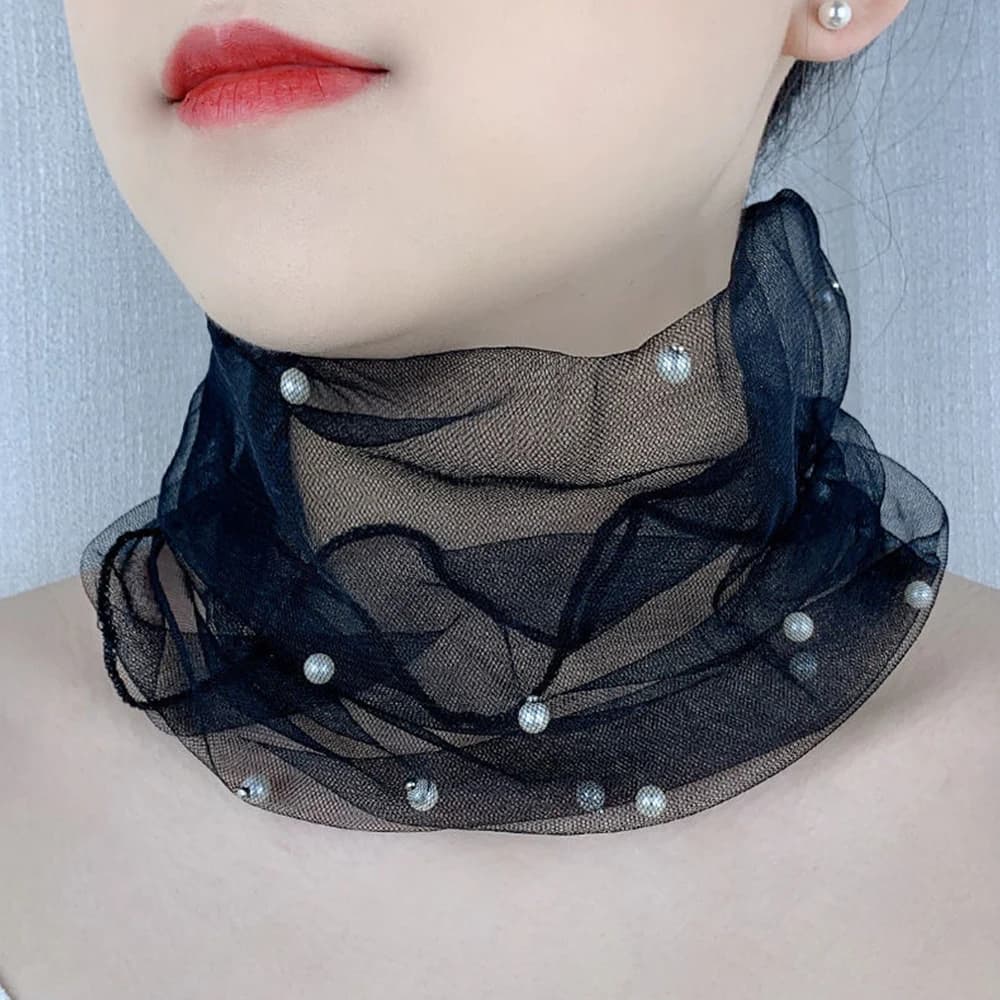 Écharpe en Mousseline de Soie avec Fausses Perles, Couvre-cou à Volants Fins, Petite Variété de Prot