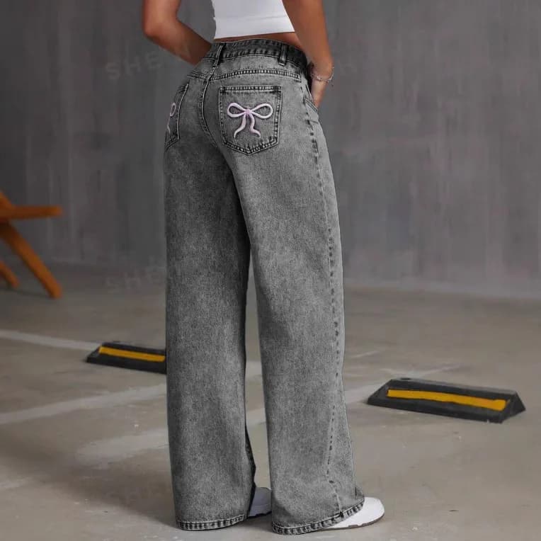 Femmes jambe large petit ami jean droit Hip Hop nœud broderie Denim pantalon taille basse Baggy jean