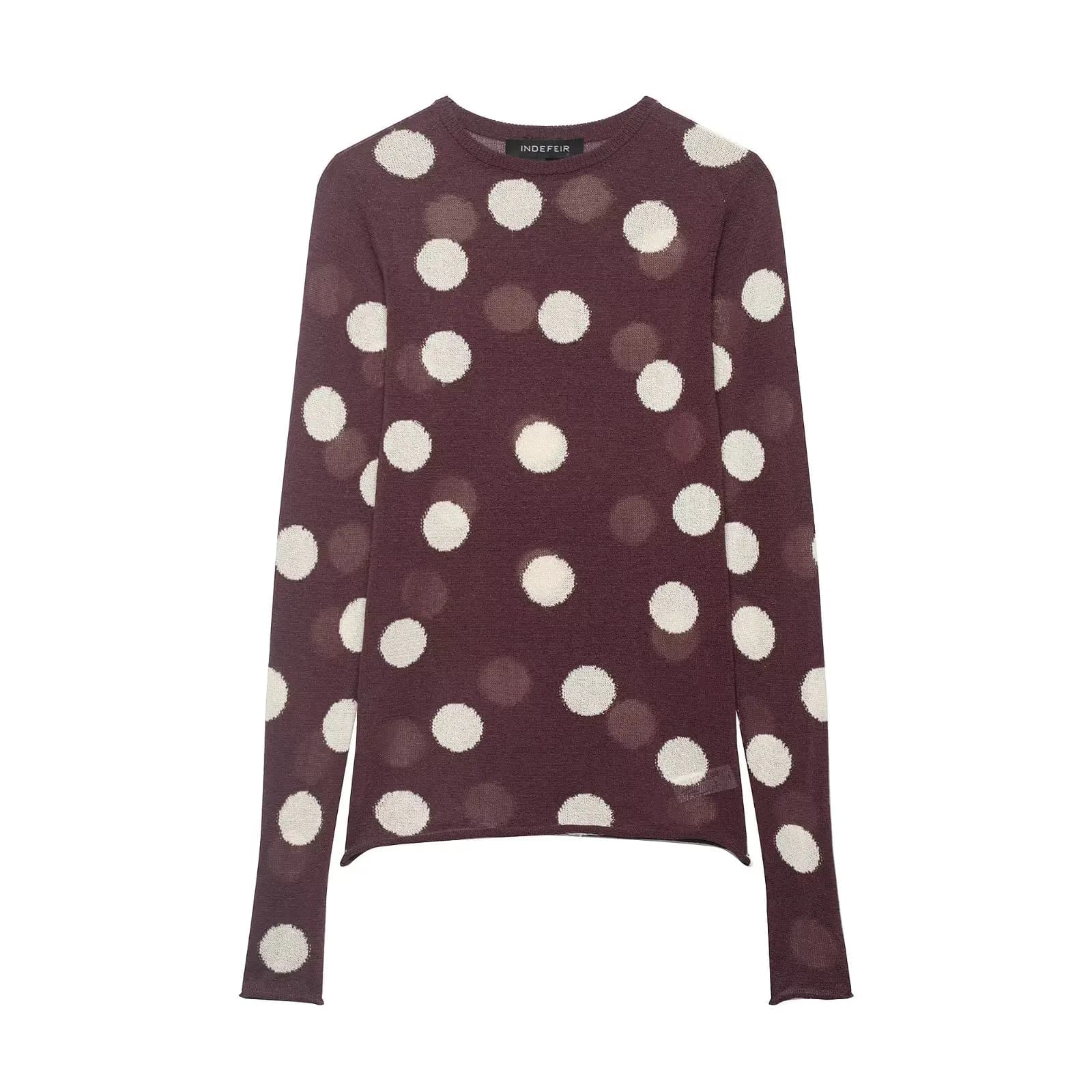 Nouveau Pull Tricoté Femme Printemps 2026 à Pois Col Rond Manches Longues Coupe Slim Décontracté pou