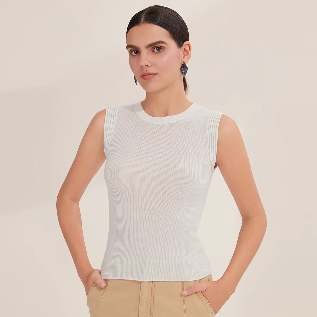 BY3521240 Gilet en laine mérinos super fine pour femme, sans manches, en tricot côtelé, col rond, pu
