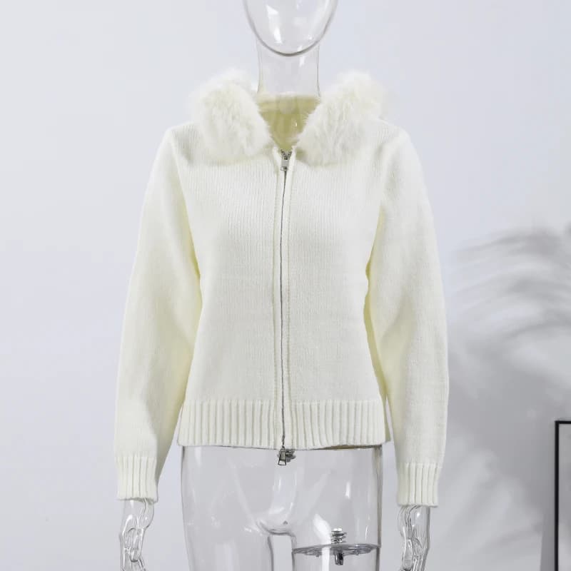 Rétro tricoté en peluche pull à capuche femmes décontracté solide fausse fourrure fermeture éclair c