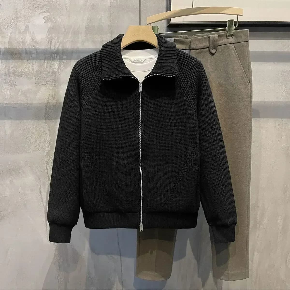Vêtements pour hommes veste zippée pull en tricot homme fermeture éclair plaine vert couleur unie Ca