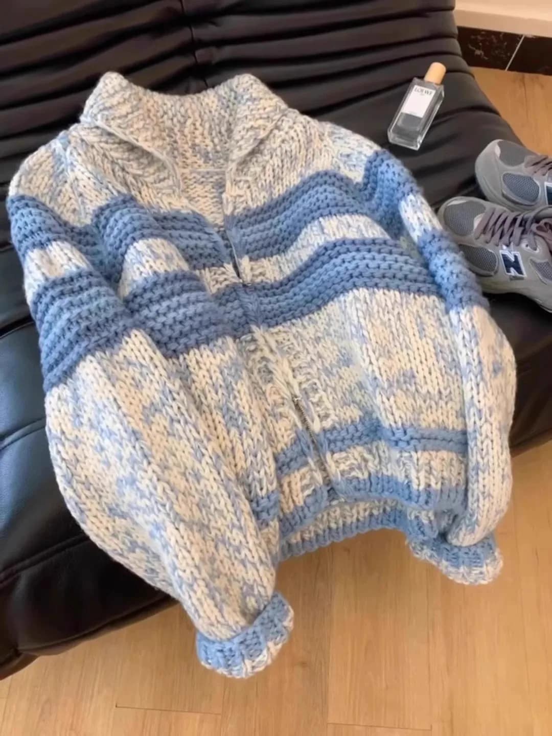 Cardigan coréen à rayures bleues, revers cranté, manteau en tricot épais, haut surdimensionné