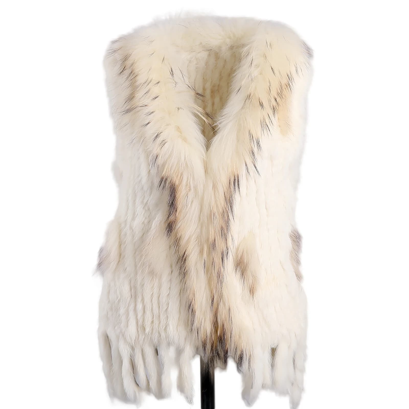 BOONJOVIA femmes 100% réel fourrure de lapin tricoté Gilet fourrure de raton laveur garniture col Gi