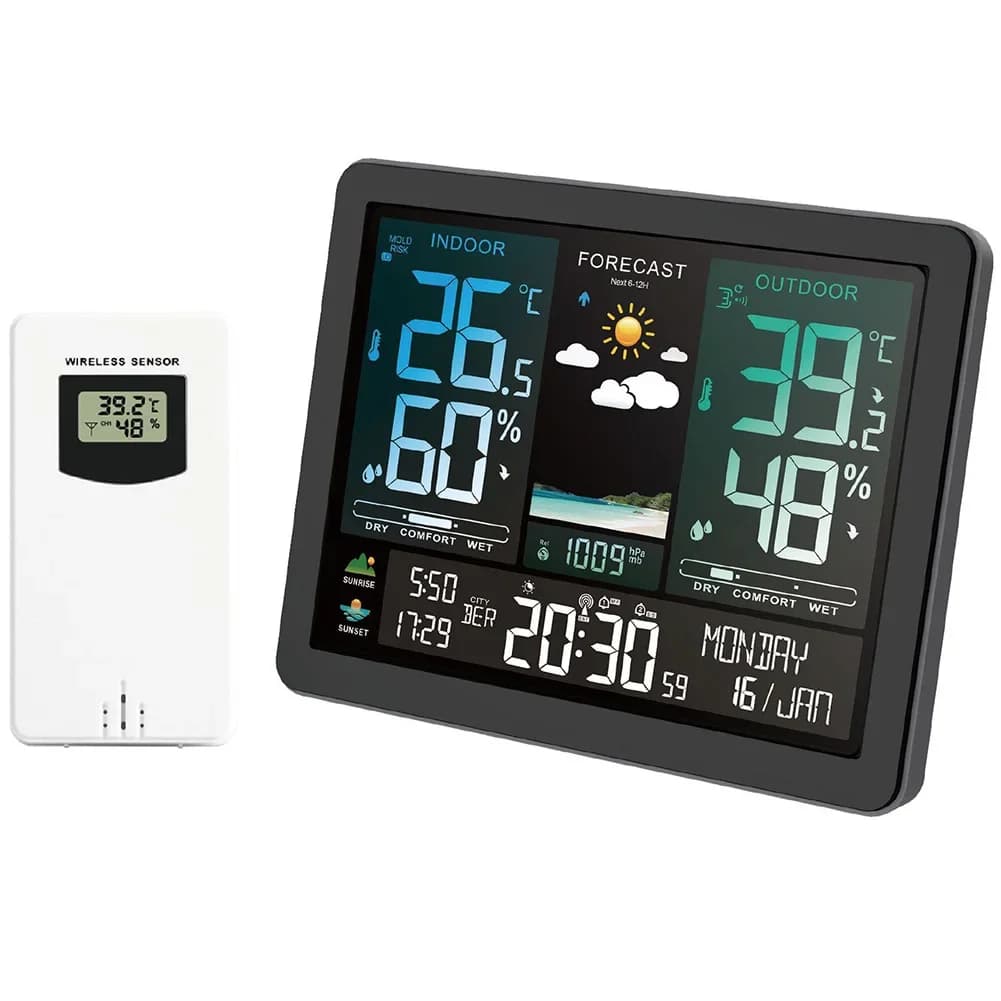 Station météo sans fil, thermomètre intérieur/extérieur, station avec écran couleur, charge USB, sta