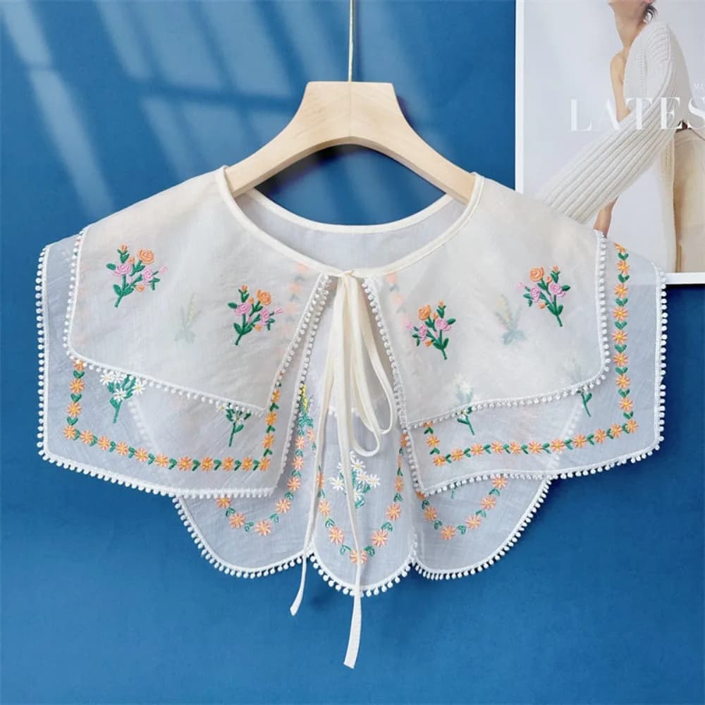 Faux col brodé floral en dentelle double couche, style cape et écharpe florale, style campagnard