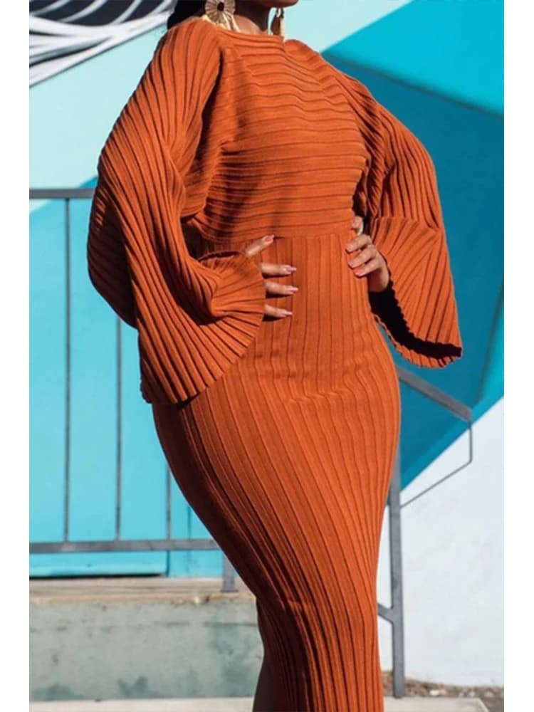 Robe longue côtelée tricotée à manches chauve-souris pour femmes, moulante, couleur unie, élégante, 