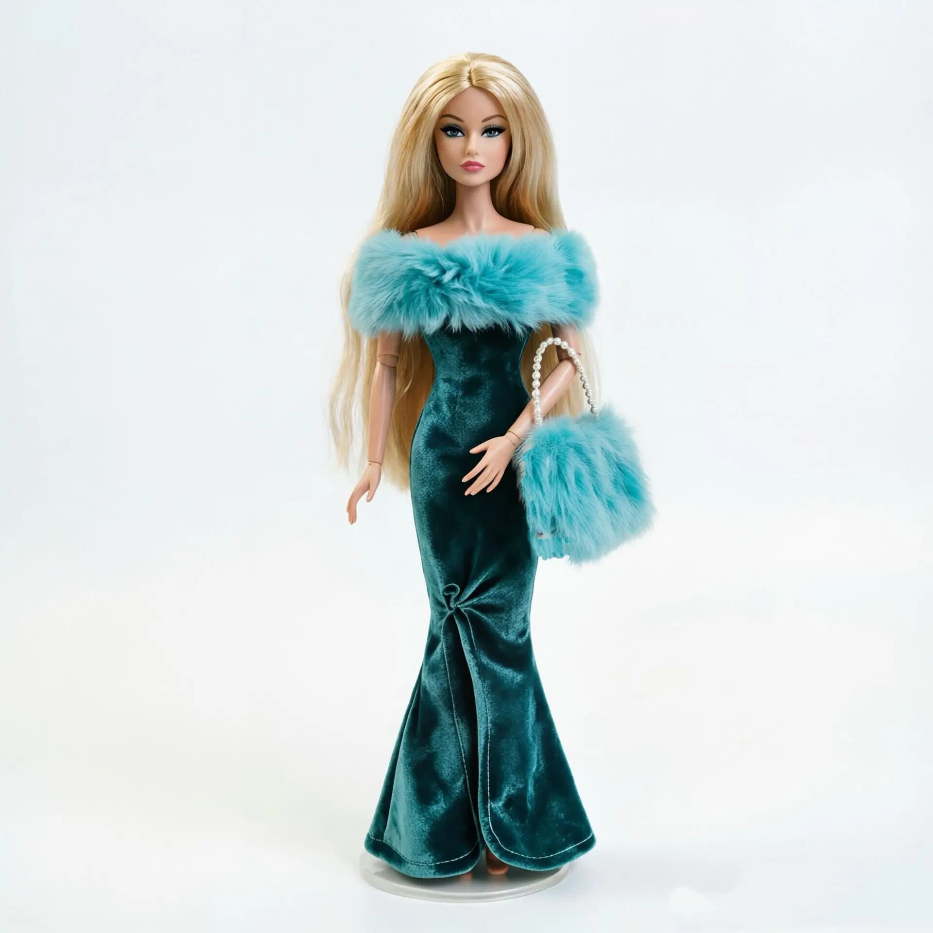 Robe queue de poisson à col en fourrure, à épaules dénudées, en velours, élégante, pour poupée Super