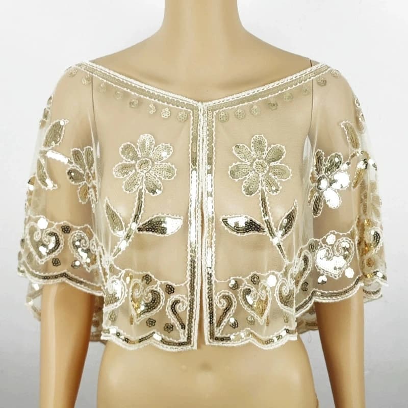 Châle élégant en maille florale avec perles à paillettes, Cape courte d'inspiration Vintage avec bor