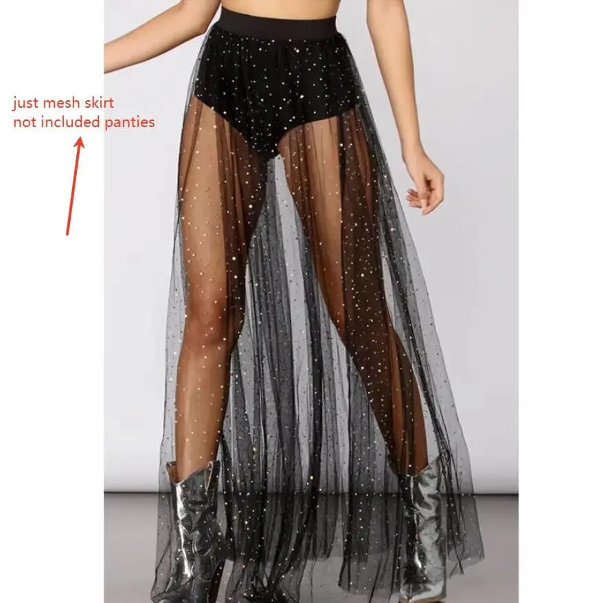 Jupe longue femme en maille transparente, taille haute élastique, longueur cheville, avec grand ourl