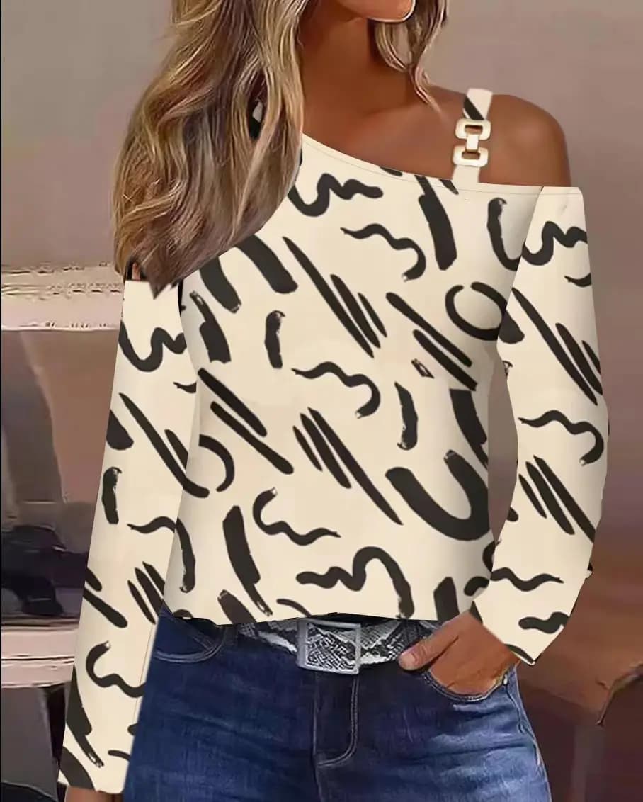 Haut asymétrique à une épaule pour femme, à manches longues, avec détail boucle métallique, imprimé 