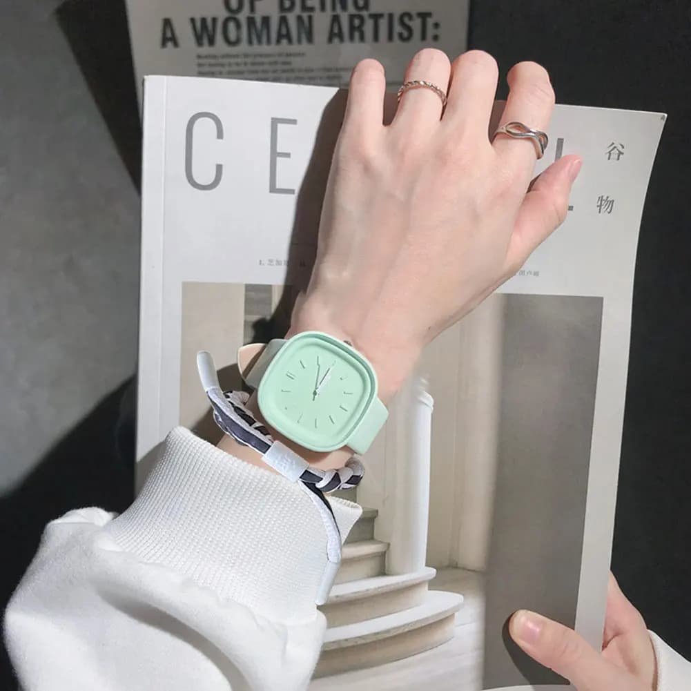 Montre carrée Macaron pour femme, montre à quartz, bracelet en PU à proximité, montre décontractée, 