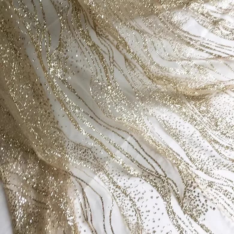 Tissu en dentelle en maille bronzante, or, argent, paillettes blanches, vêtements de couture bricola