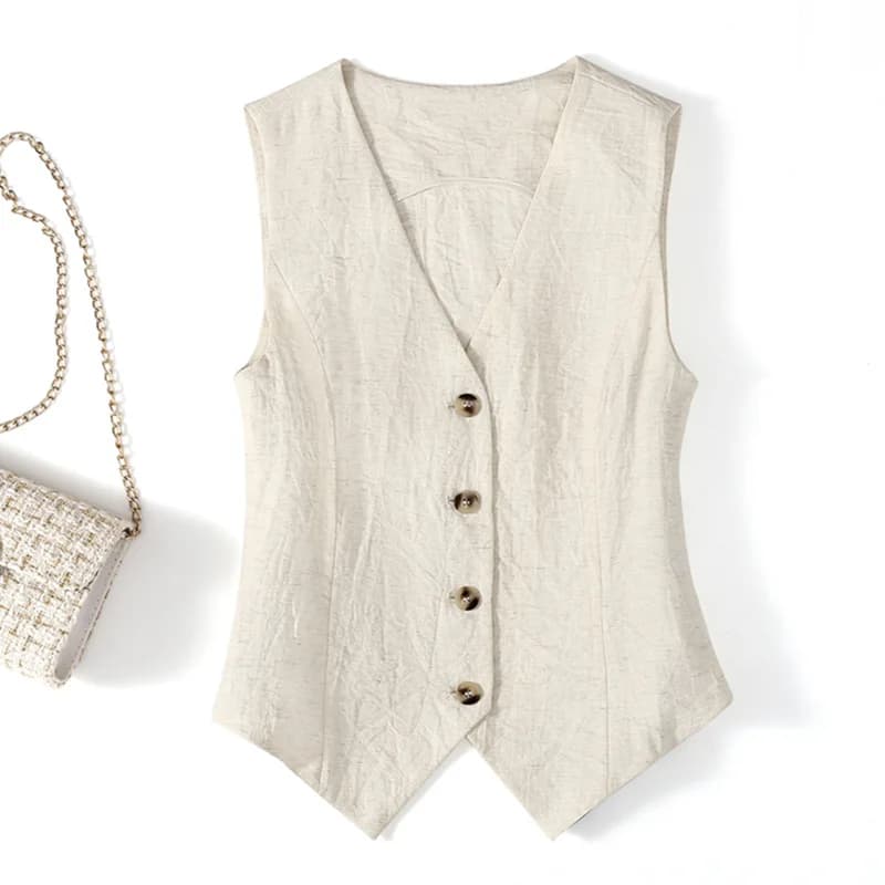 Nouveau Gilet Décontracté Uni à Col en V pour Femme, Veste Simple Boutonnage en Coton et Lin, Idéal 