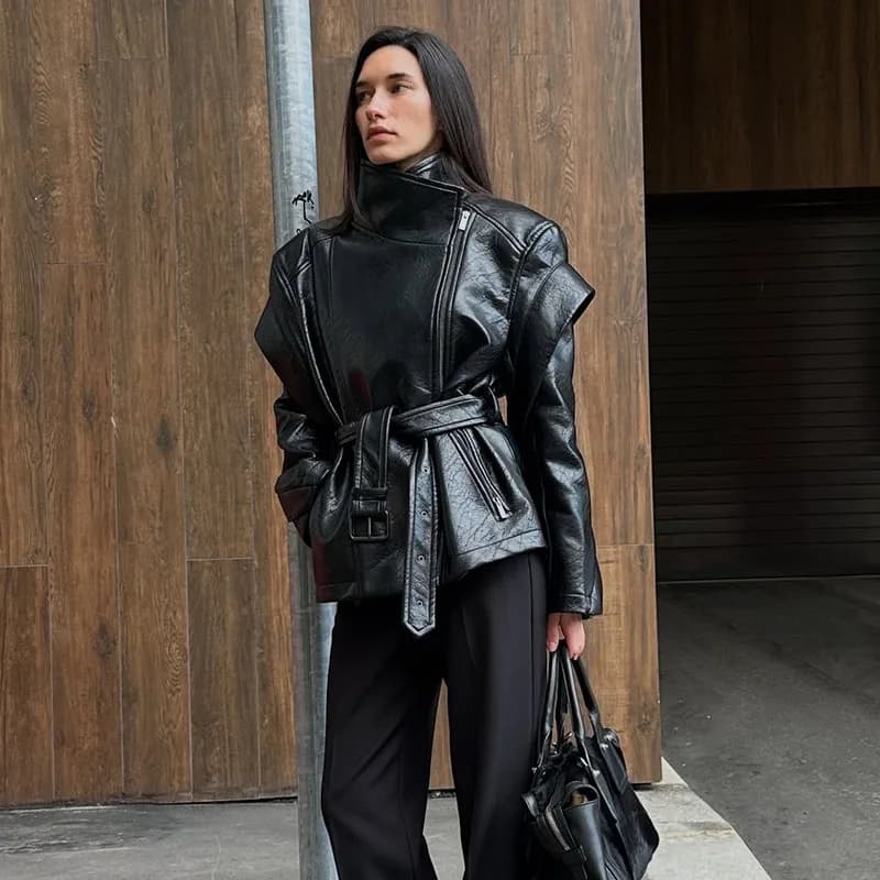 Rue col haut fermeture éclair veste en cuir femme couleur unie à lacets manches longues manteau ampl
