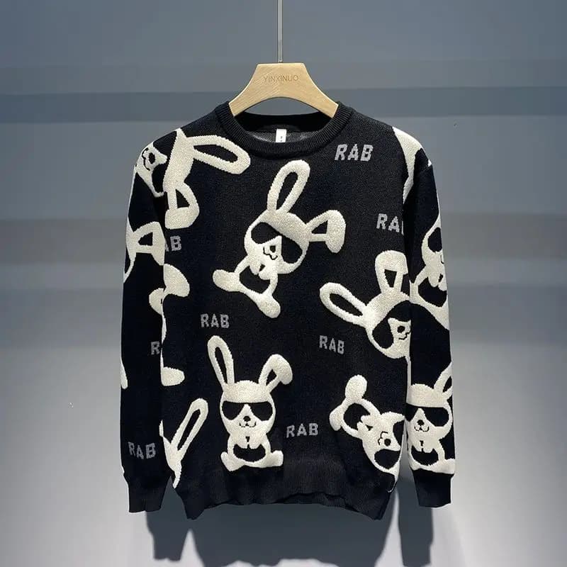 Pull slim à col rond pour hommes, imprimé flocage, manches longues, lapin, décontracté, personnalité