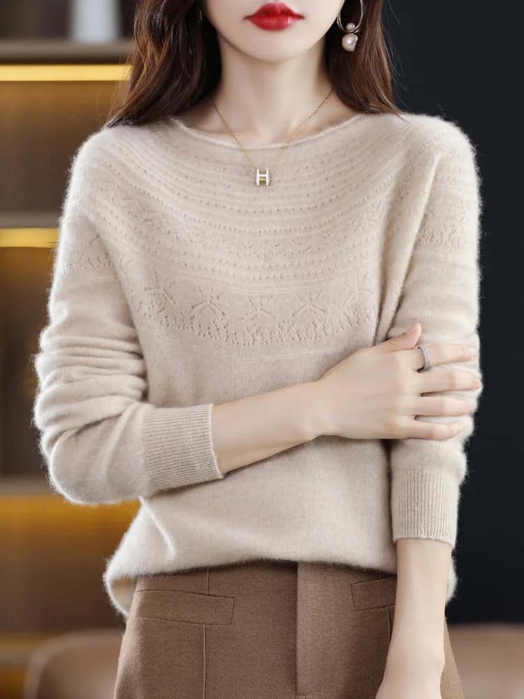 Femmes 100% laine mérinos pull automne hiver pulls col rond creux cachemire tricots femme basique fo