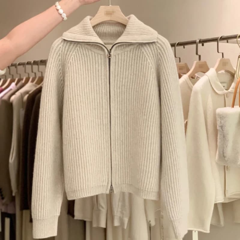 Cardigan 100% pur cachemire avec fermeture éclair pour femme, manteau tricoté, pull épais à revers, 