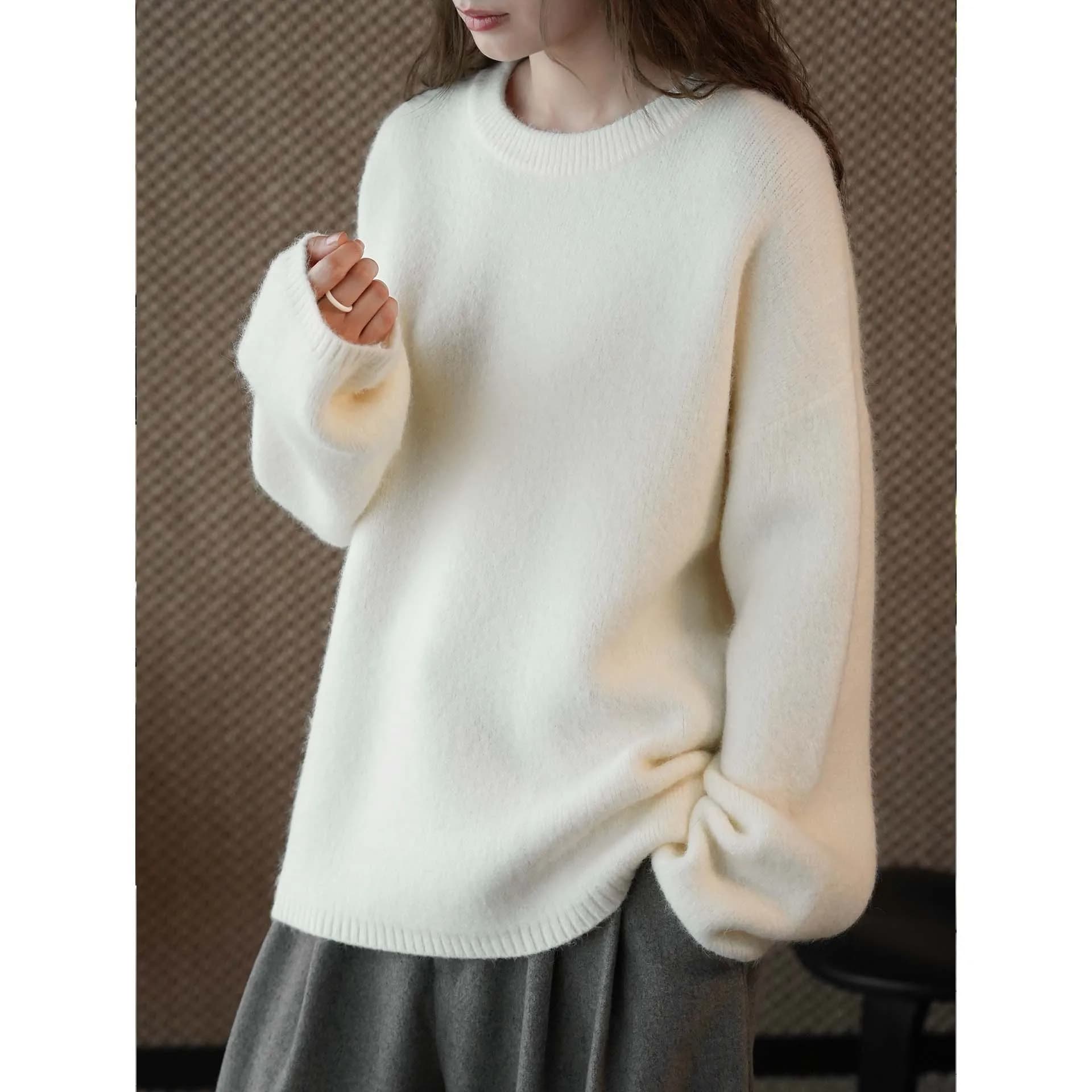 Pull en laine tricoté HanOrange 2026 Hiver Simple et décontracté pour femme, col rond, chaud, abrico