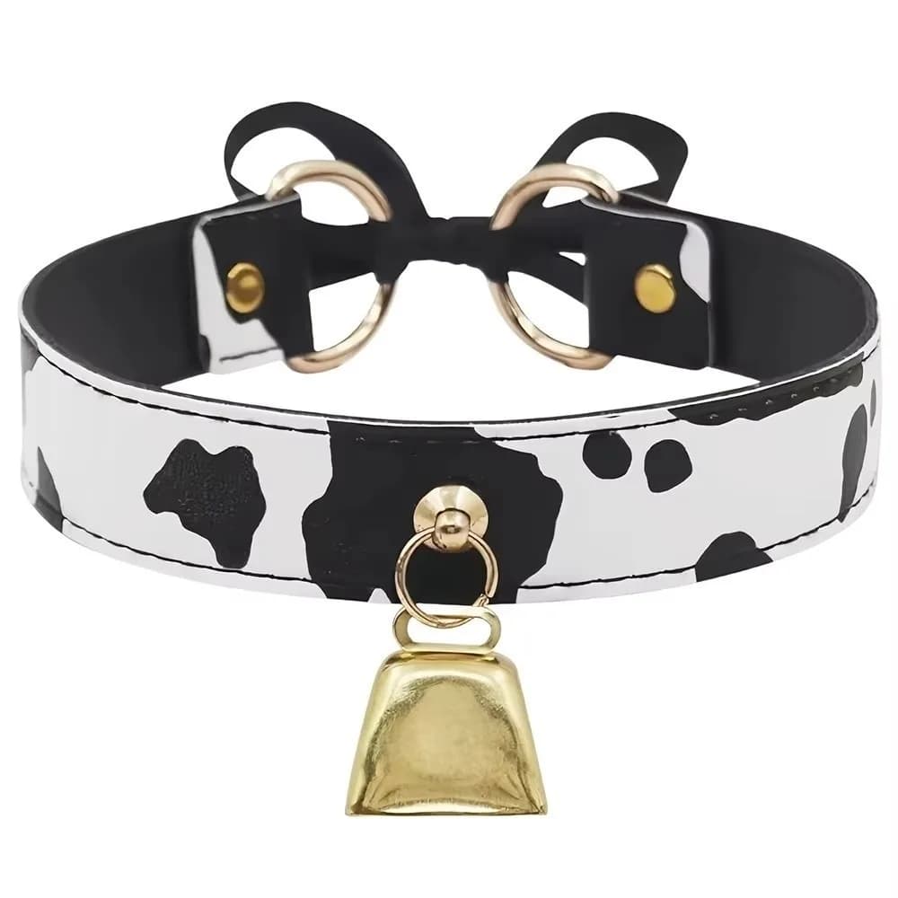 Collier ras du cou en cuir Sexy pour femmes, imprimé vache, cloche réglable