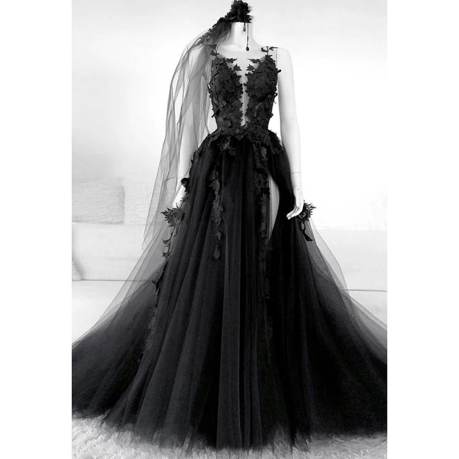 Robe de mariée noire col en V en dentelle sans manches longueur ras du sol sexy dos nu simple avec a