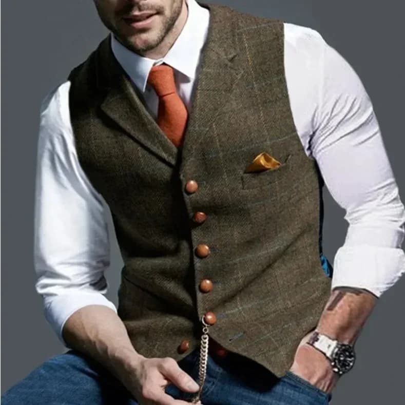 Gilet de costume classique décontracté pour homme, rétro, à revers en chevrons, en coton mélangé, tw
