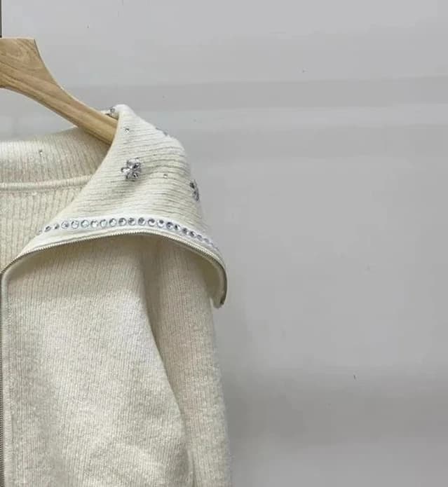 Cardigan tricoté en diamant pour femmes, manches longues, col bleu marine, fermeture éclair, haut dé
