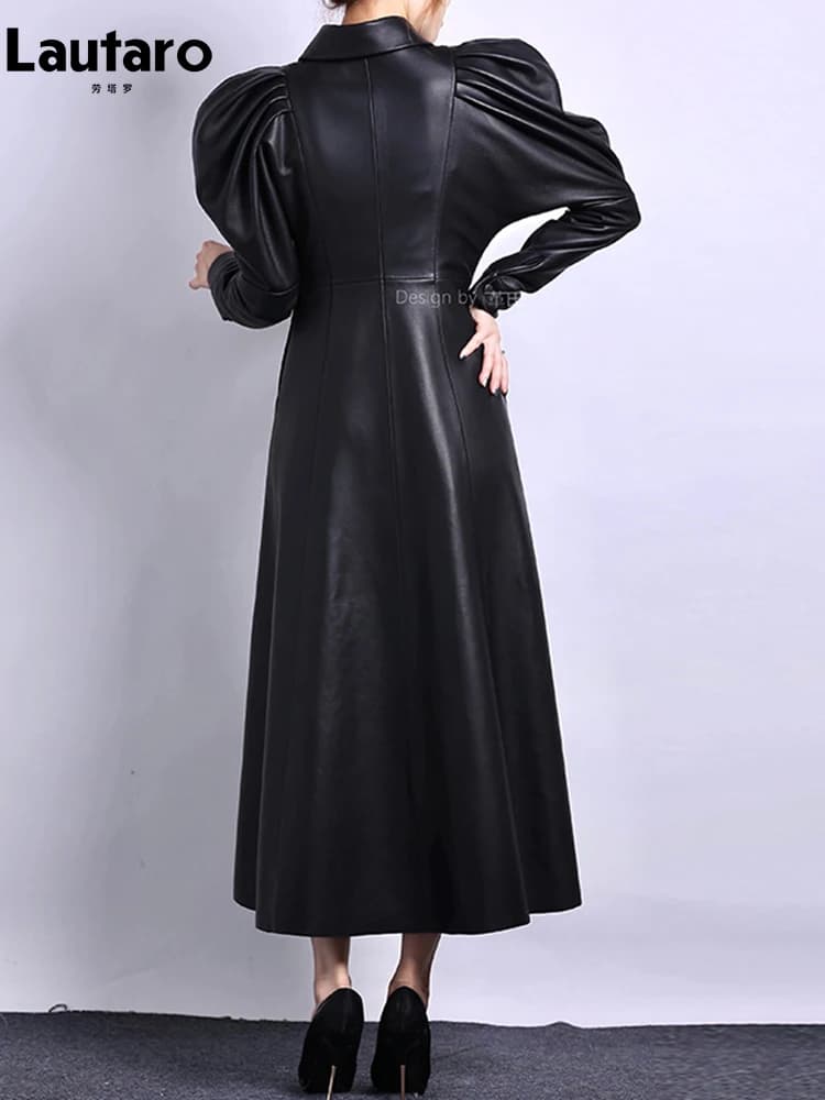 Lautaro-Manteau Long en Cuir PU Souple pour Femme, Manches Bouffantes, Mode Piste, Luxe, Rétro, Noir