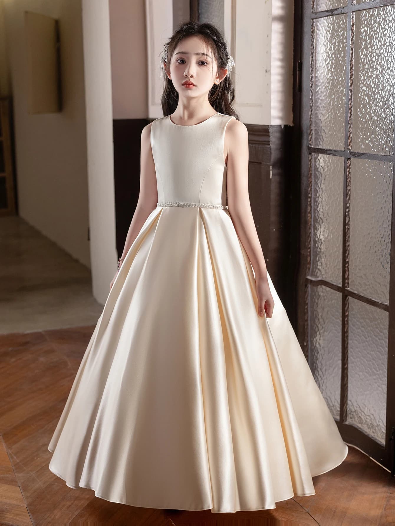 Robe longue élégante de couleur champagne, design avec grand nœud, pour adolescentes, occasions form