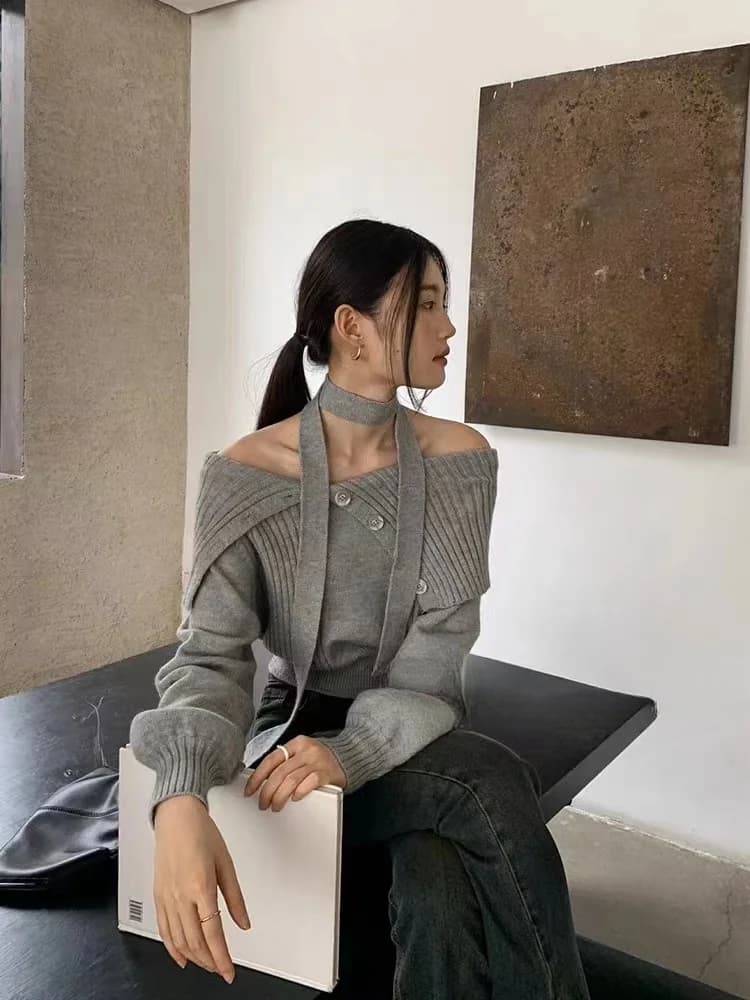 Pull marron à épaules dénudées pour femmes, automne et hiver, Style français, Design à revers, aminc