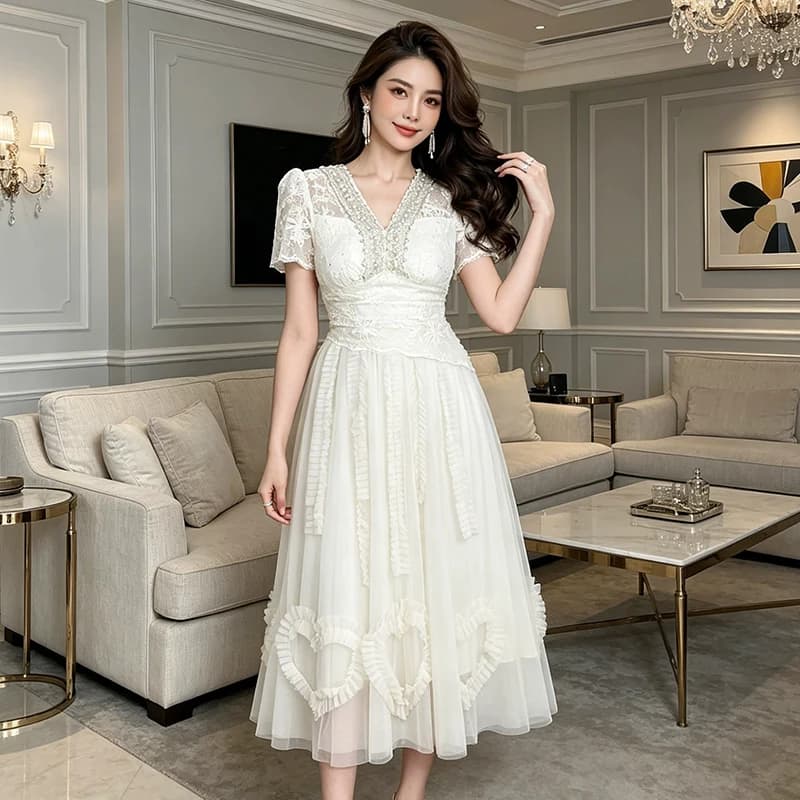 Robe Midi Élégante et Luxueuse en Tulle et Dentelle à Col en V pour Femme, Manches Courtes, Coupe Sl