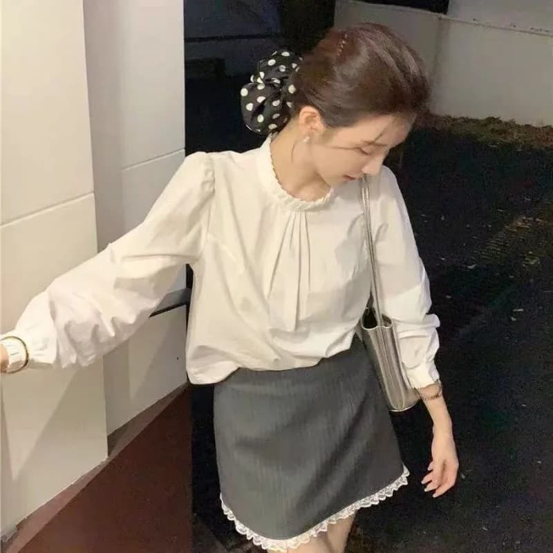 Chemise à manches longues à col montant plissé blanche pour femmes, haut décontracté ample, costume