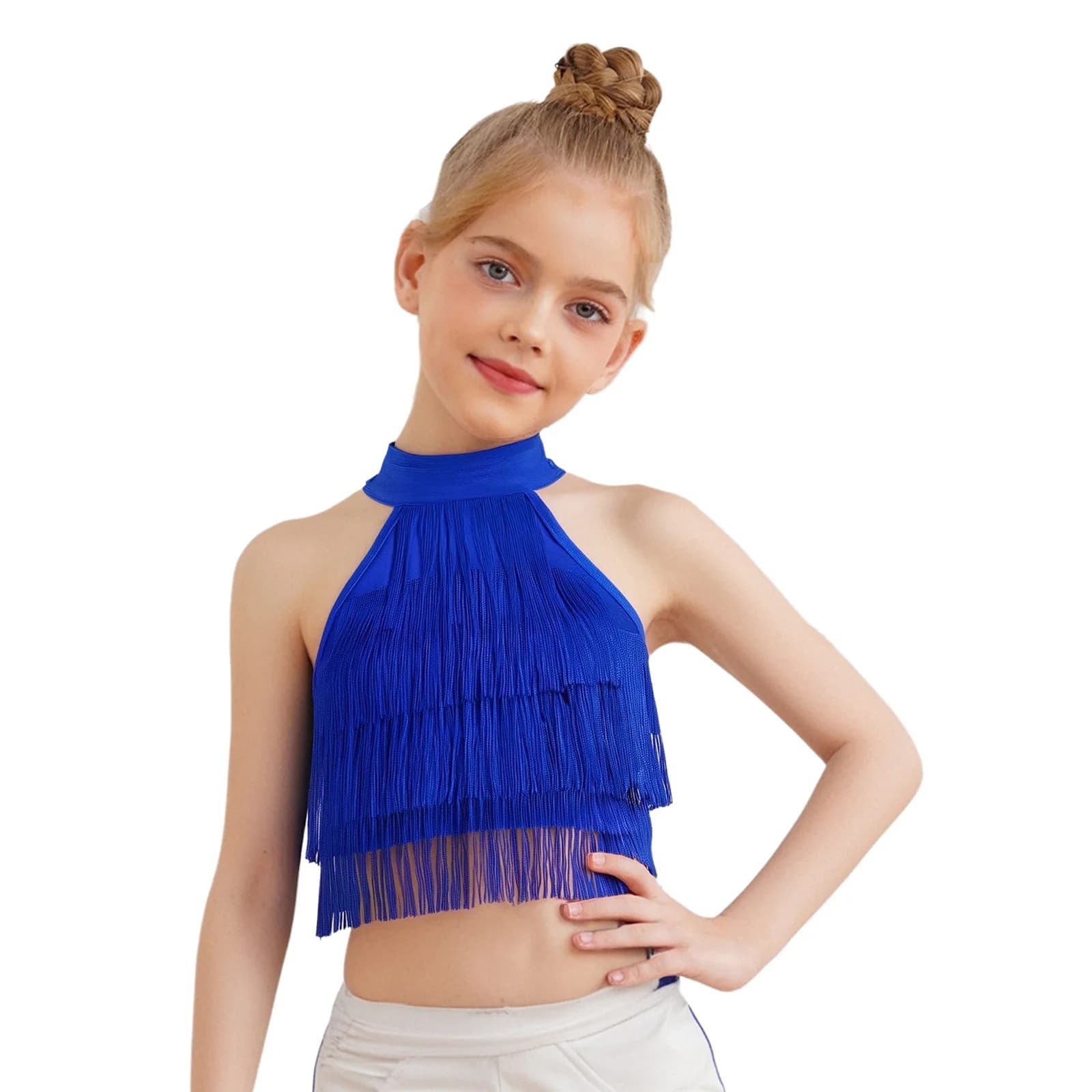 Gilet de danse latine pour enfants filles, Costume à franges, haut court sans manches, bretelles au 
