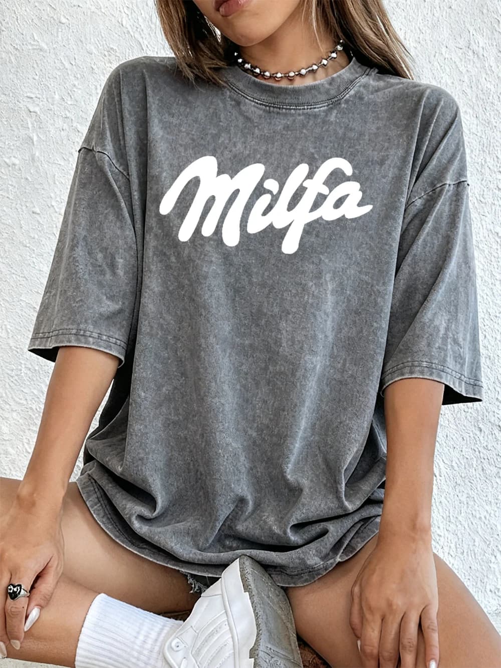 Milfa violet Art lettre impression lavé T-Shirts femmes coton à manches courtes hauts rue col rond s