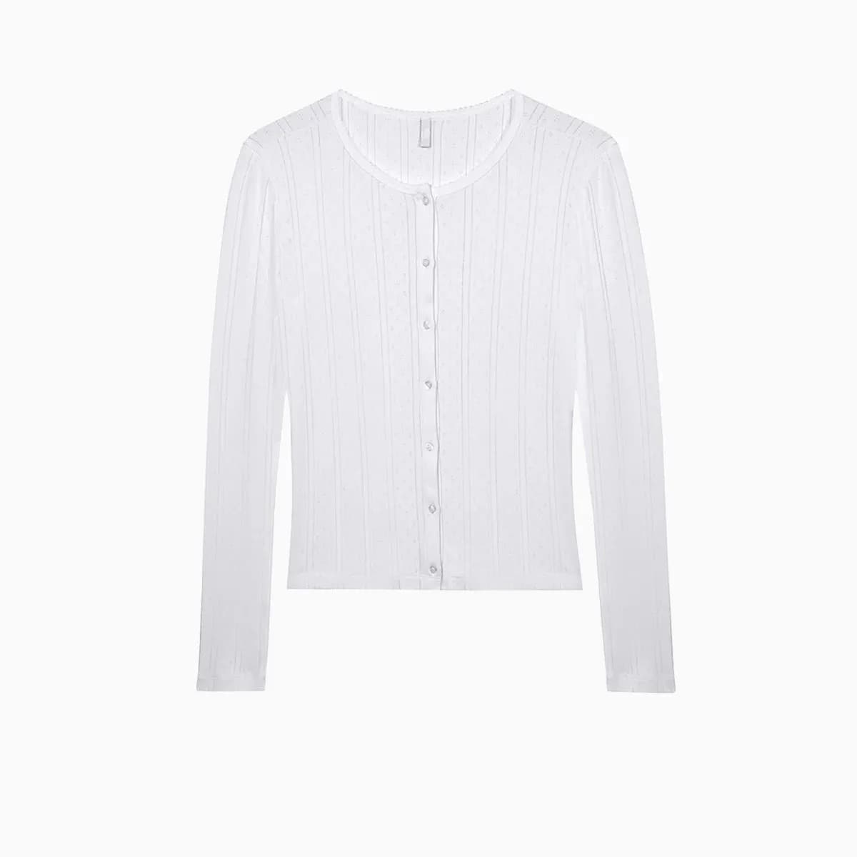 Cardigan en tricot à rayures verticales ajourées de style français, haut court à manches longues aju