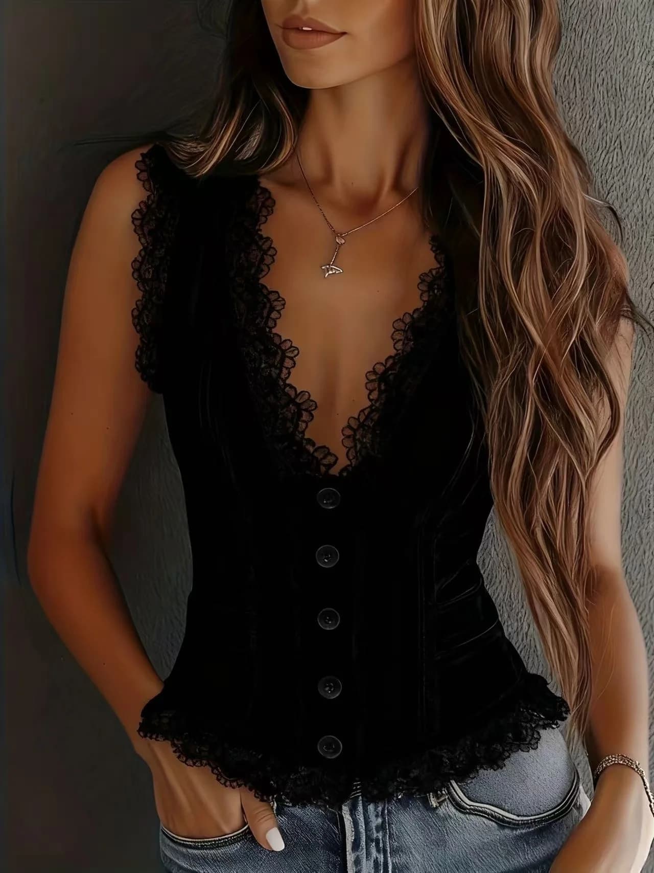 Nouveau débardeur en dentelle à col en V pour femme, style western cowboy, couleur unie, sexy, sans 