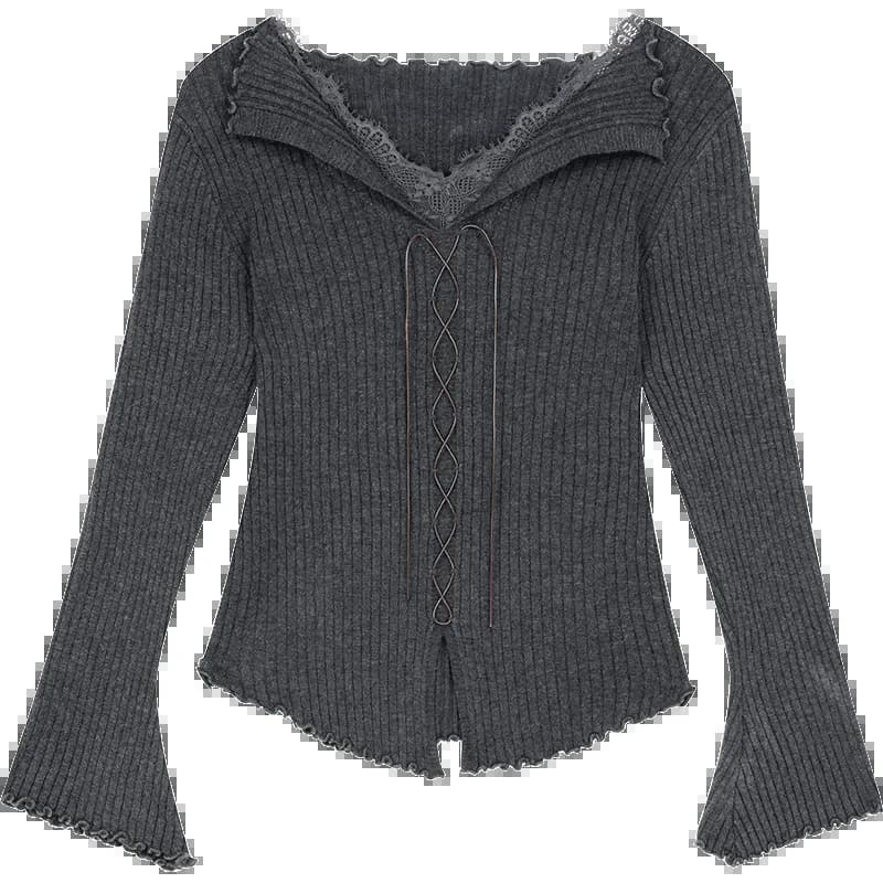 ELFSACK Y2K col en dentelle unie ourlet fendu manches flottantes cravate tricots pour les femmes