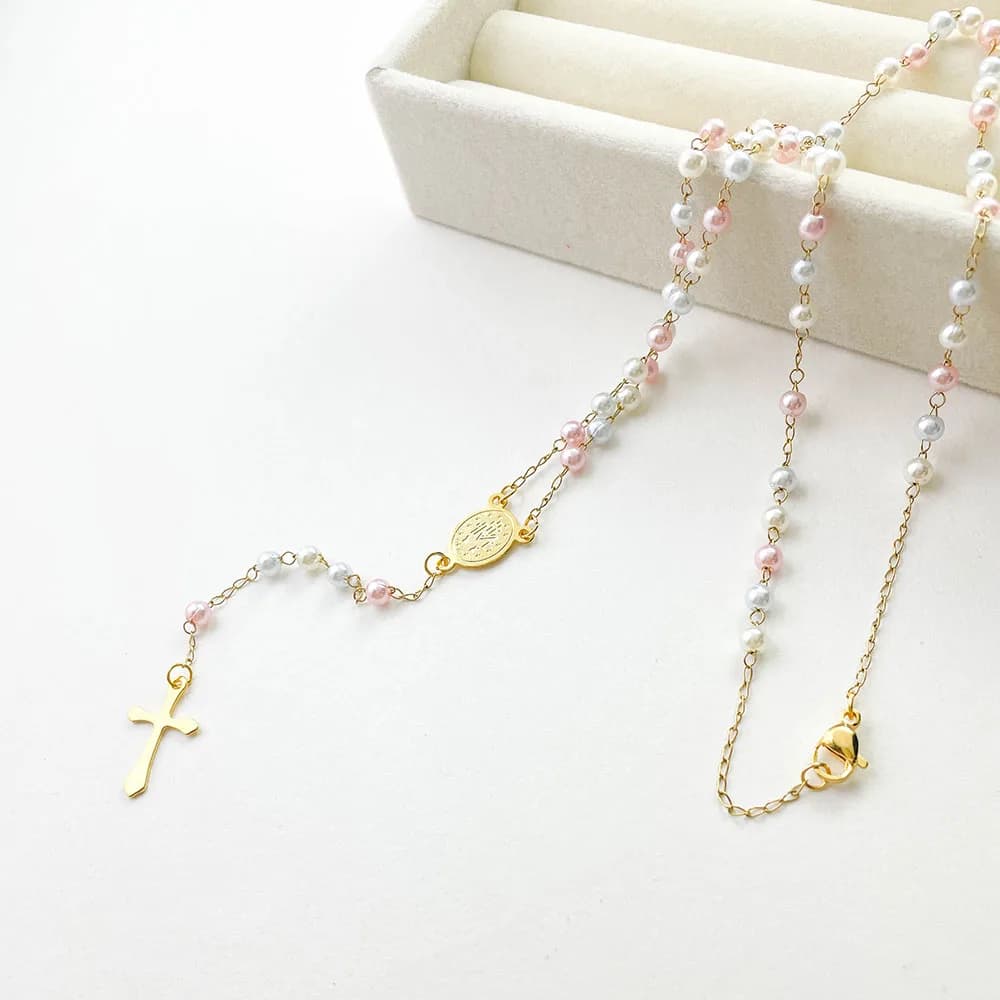 Chaîne de perles en forme de Y, couleur or, acier inoxydable, croix de la vierge marie, pendentif ch