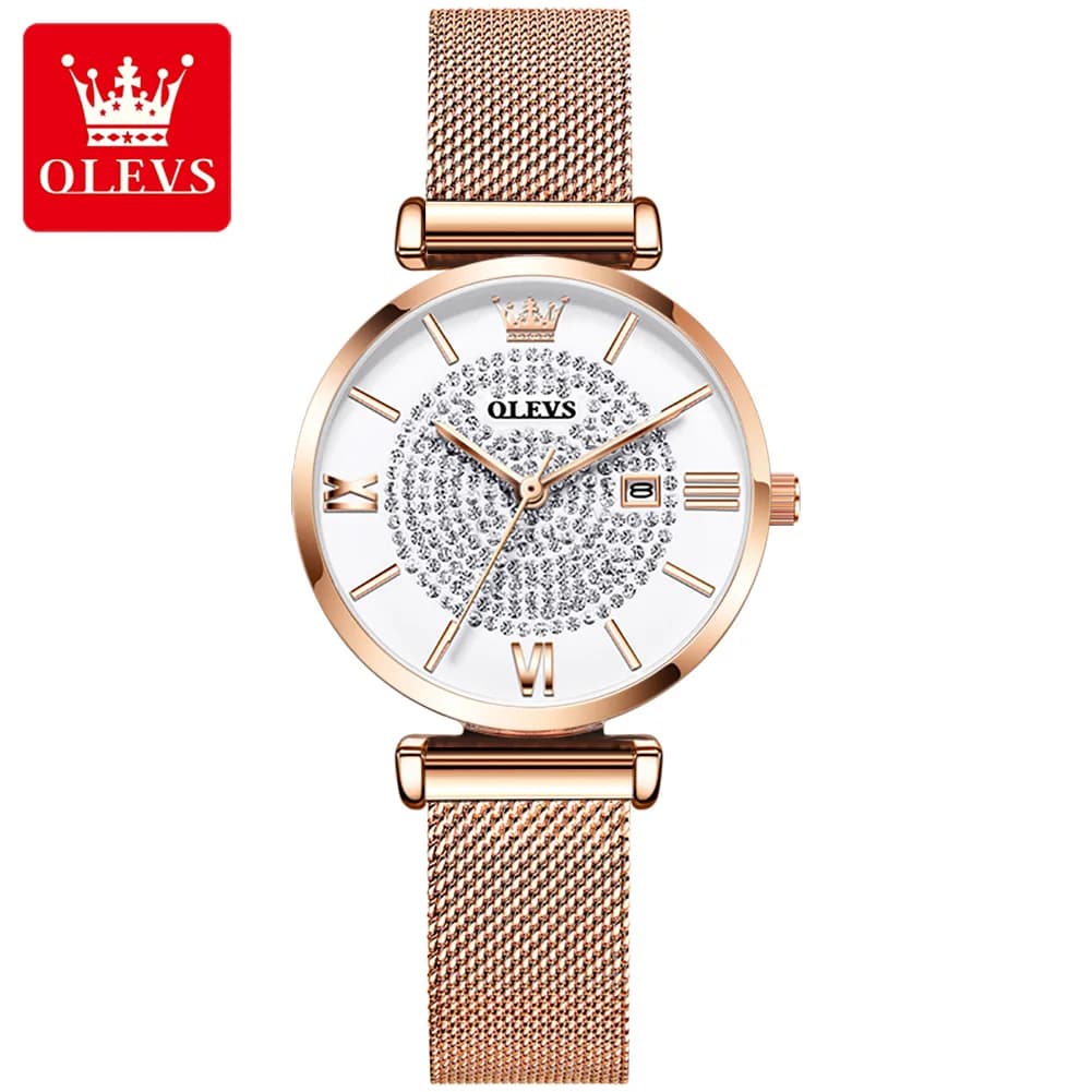 OLEVS-Montre-bracelet étanche pour femme, acier inoxydable, ceinture en maille, chaussures incrustée