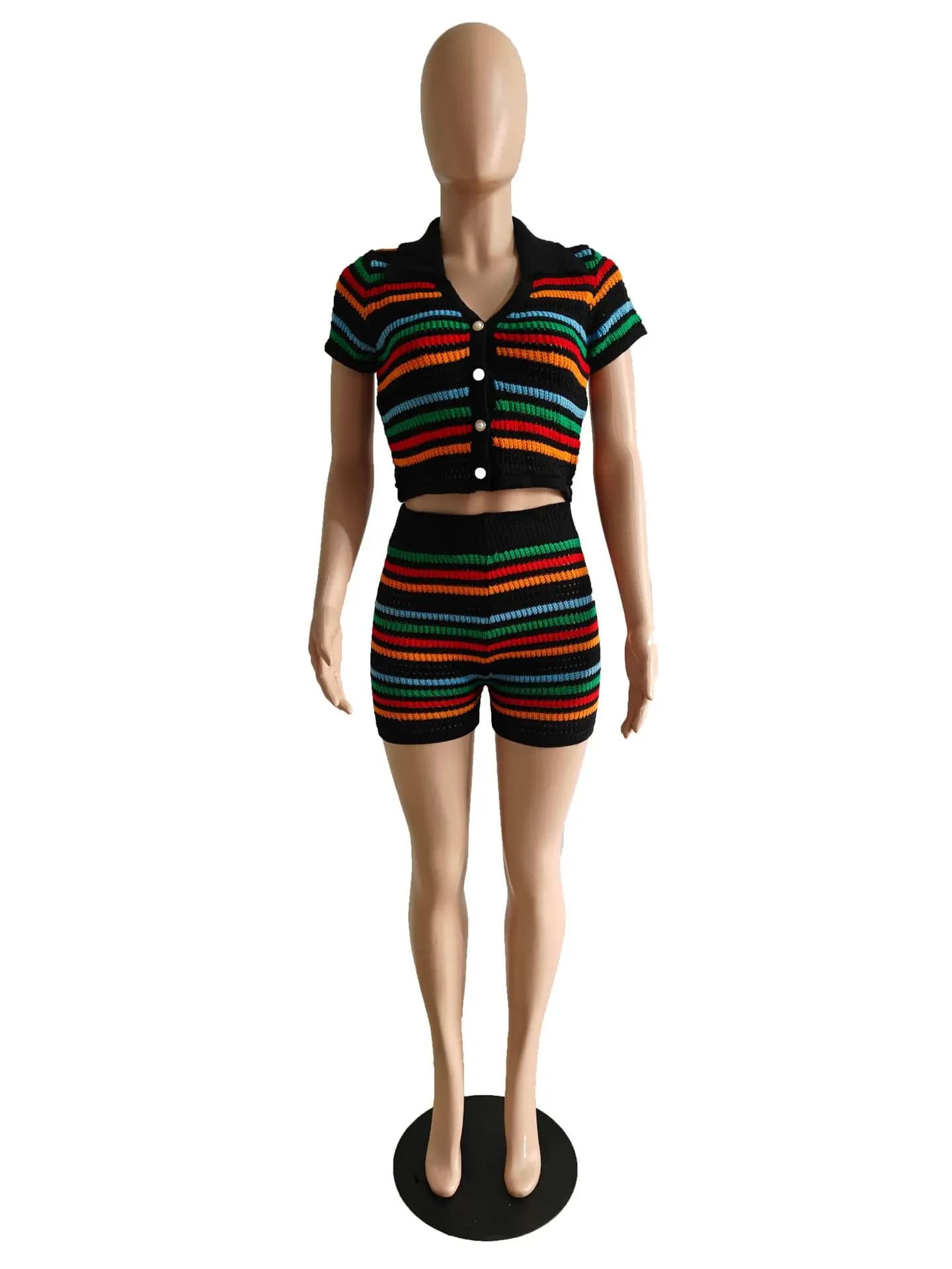 Ensemble de pull rayé pour femme, manches courtes boutonnées, haut court, short imbibé, sweat-shirt 