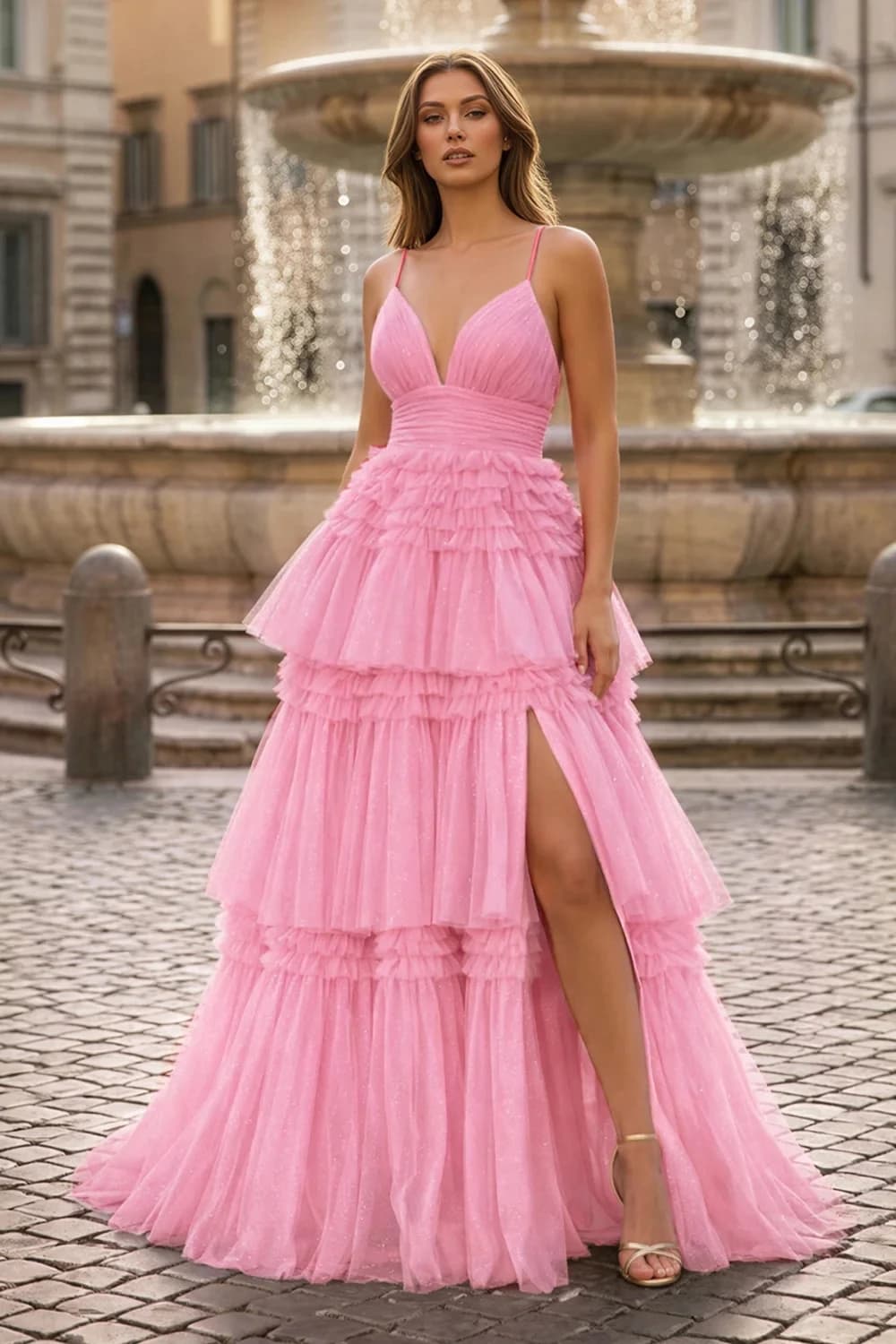 Robe de bal longue à bretelles spaghetti en tulle pailleté fuchsia, robes de soirée élégantes pour f