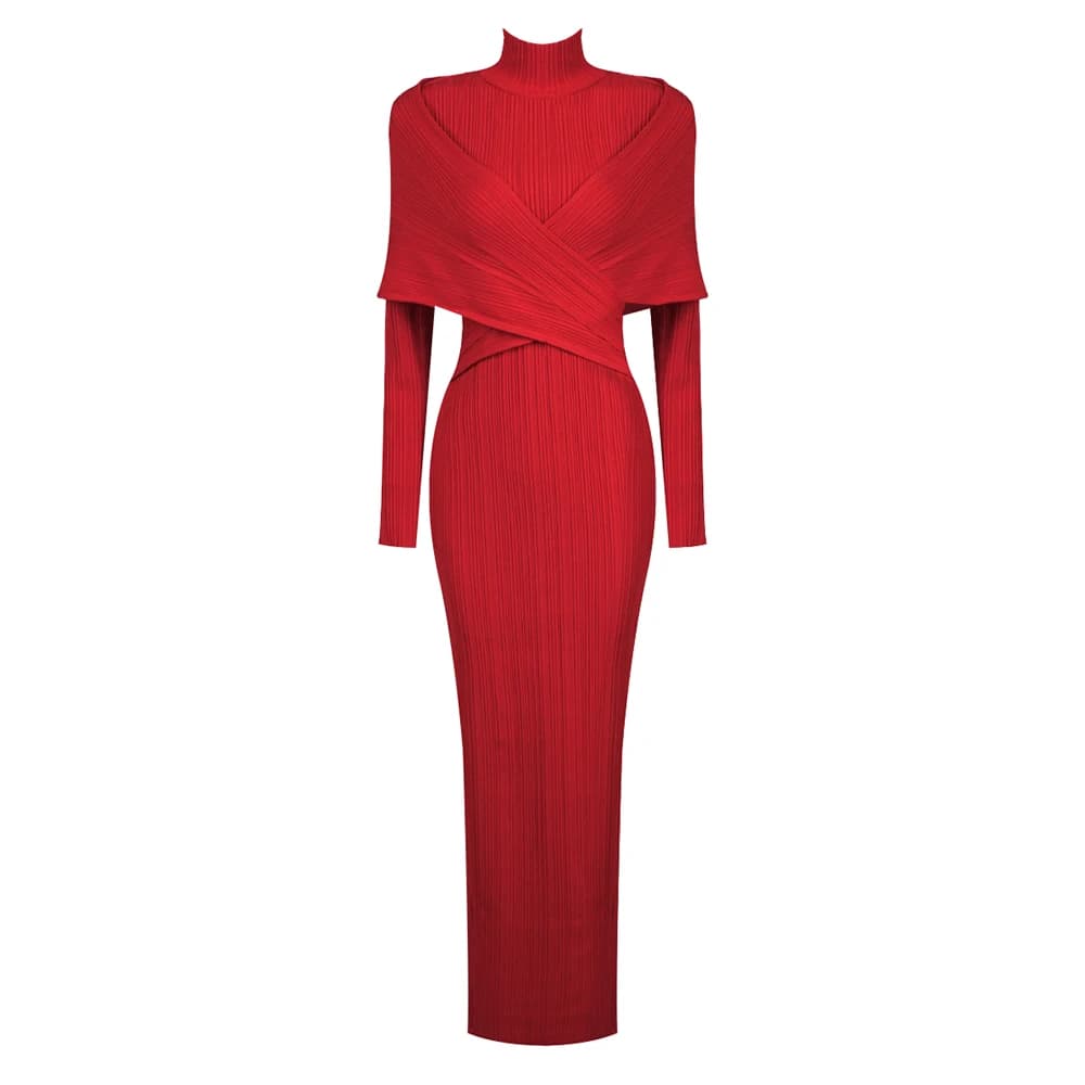 Robe longue moulante en tricot côtelé rouge, avec enveloppe, détail autour de l'épaule, robe de soir