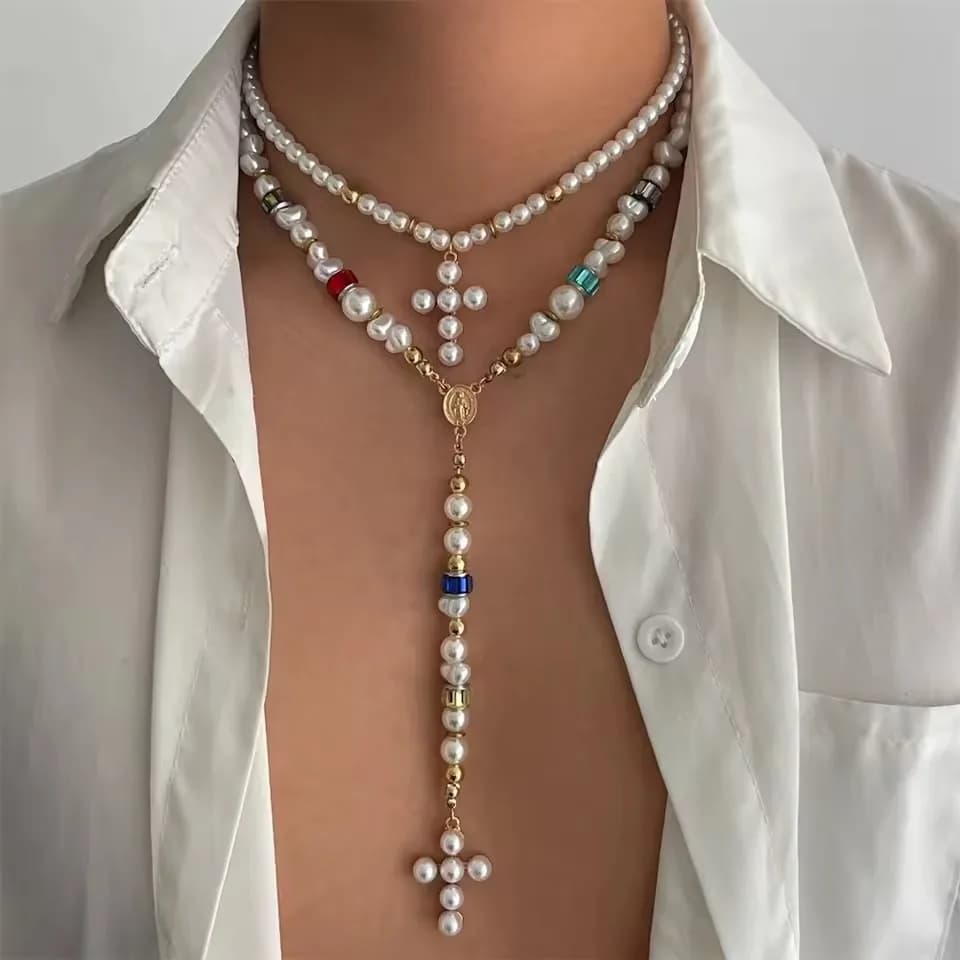 Collier élégant à pampilles longues en Imitation de perles pour femmes, pendentif croix à la mode, r