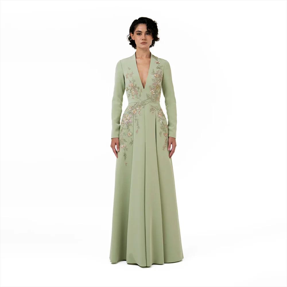 Robe de soirée vert sauge personnalisée, col en V profond, manches longues, pour femme, 2026, plissé