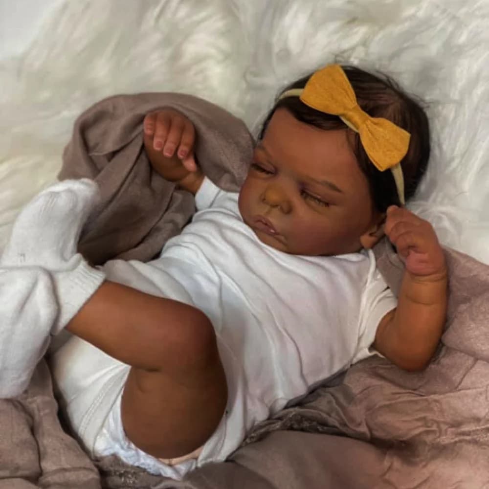 Poupée afro-américaine de 19 pouces, peau noire, bébé Reborn, fini pour nouveau-né avec cheveux enra