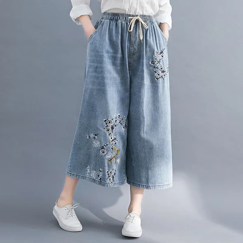 Jean taille haute à jambes larges pour femmes, pantalon en Denim, ample et décontracté, Style ethniq