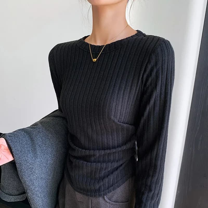 Pull à manches longues pour femmes, coupe ajustée, col rond, Base froissée, décontracté, rayé, hauts