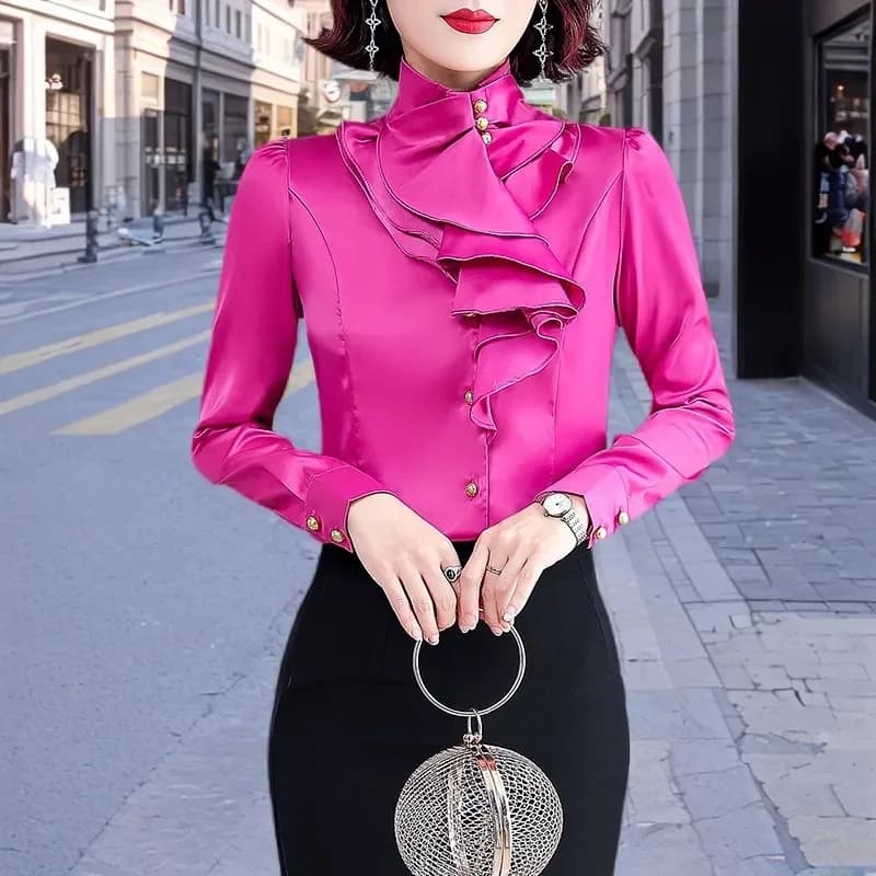 Chemisier à volants pour femmes, chemise à col montant, manches longues, printemps, été, 2025