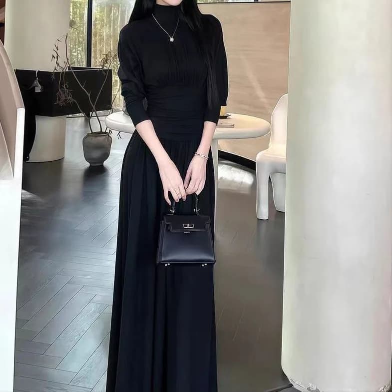 Robe longue à col montant et manches chauve-souris pour femme, nouveau style automne, plissée, effet